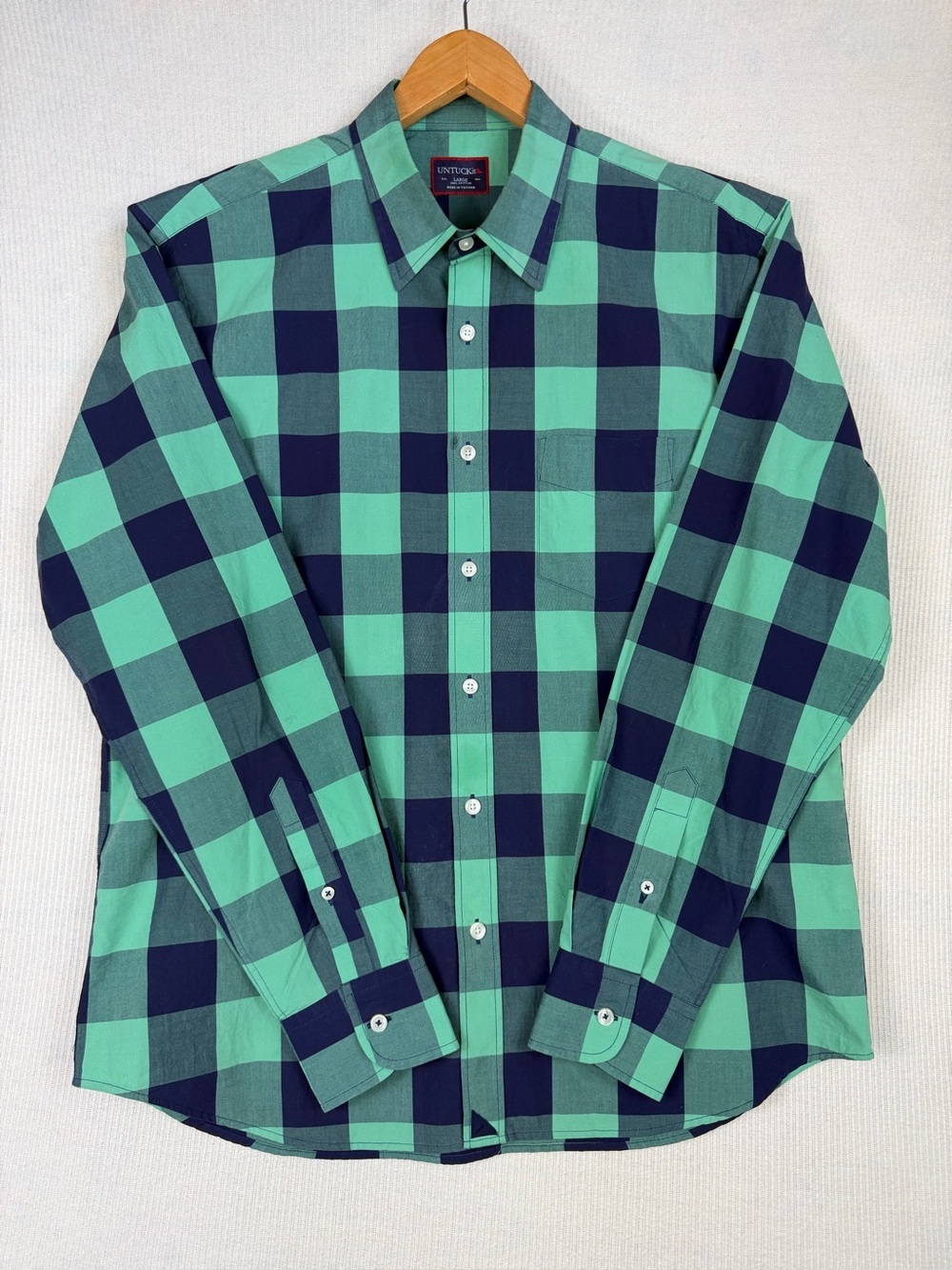 UNTUCKit Size L Green & Navy Buffalo Plaid Button Front Shirt Cotton